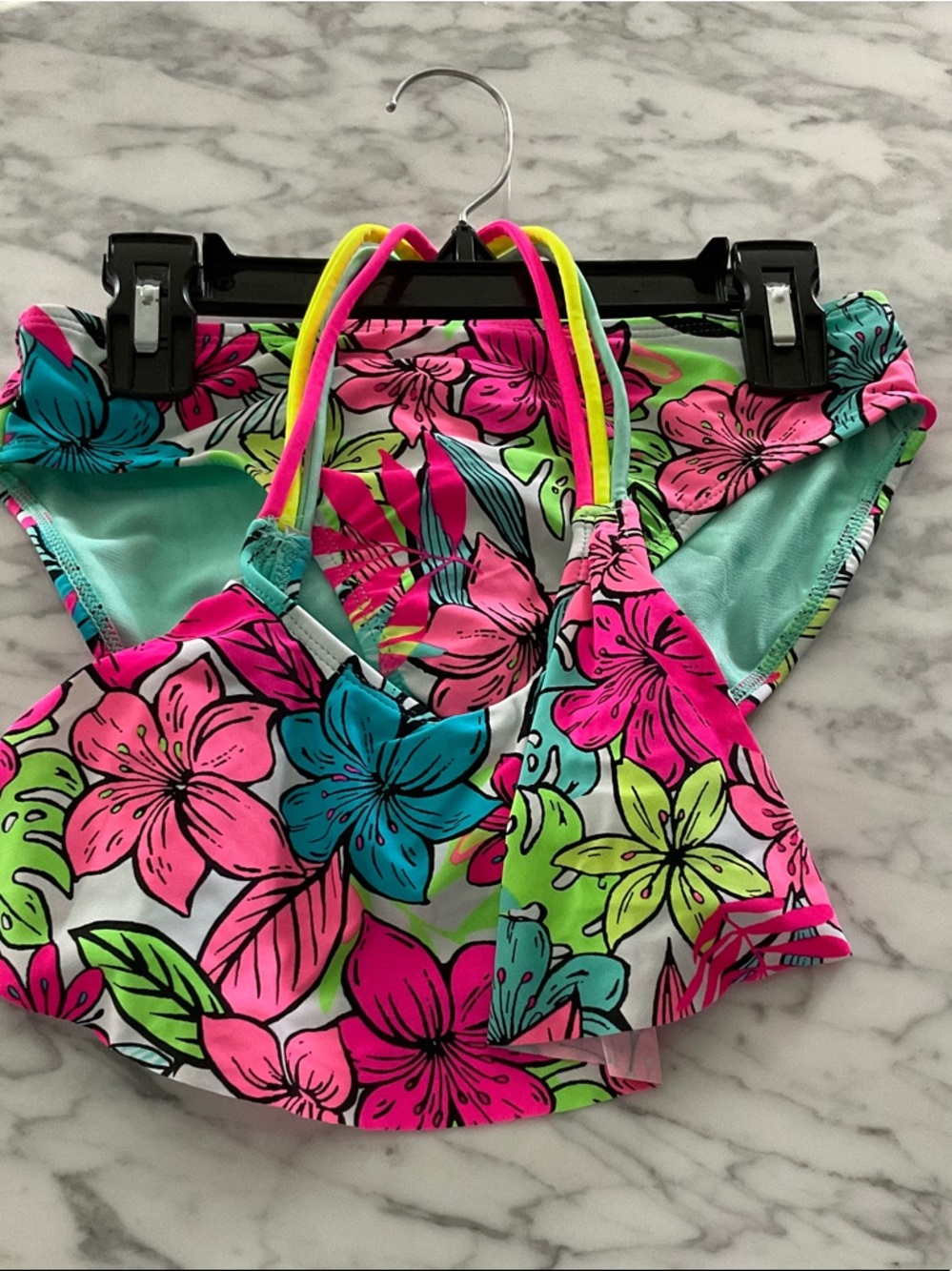 Girls Floral Halter Bikini Top and Bottom - Pink Multi